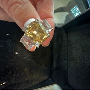 Judith Ripka citrine and amythest and diamonds  Silver Statement Ring sz 6